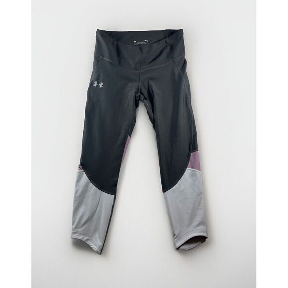 Under Armour Leggings Women L Heat Gear Compression Crop Gray/Purple‎ 8.5" Rise - Picture 1 of 10